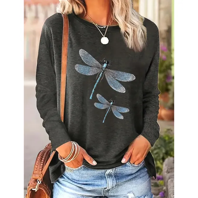 Women's Dragonfly Print Crew Neck T Shirt, Casual Long Sleeve Top For Spring & Fall Dark Gray - Shop at LoveMi