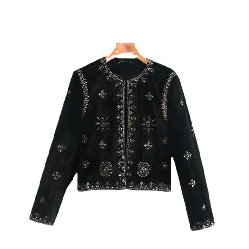 Black Printed Simple Loose Round Neck Long Sleeve Ladies Jacket
