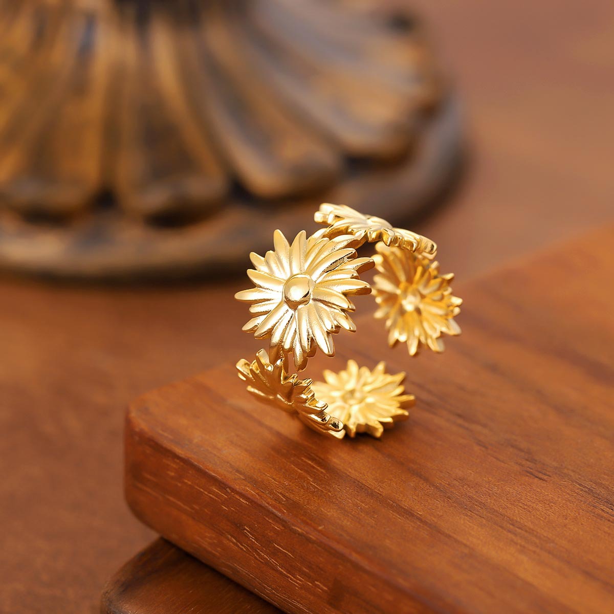 Elegant Retro Wide Band Stainless Steel Ring, Adjustable Open Flower Vacuum Gold Plated Ring For Women from KSLY