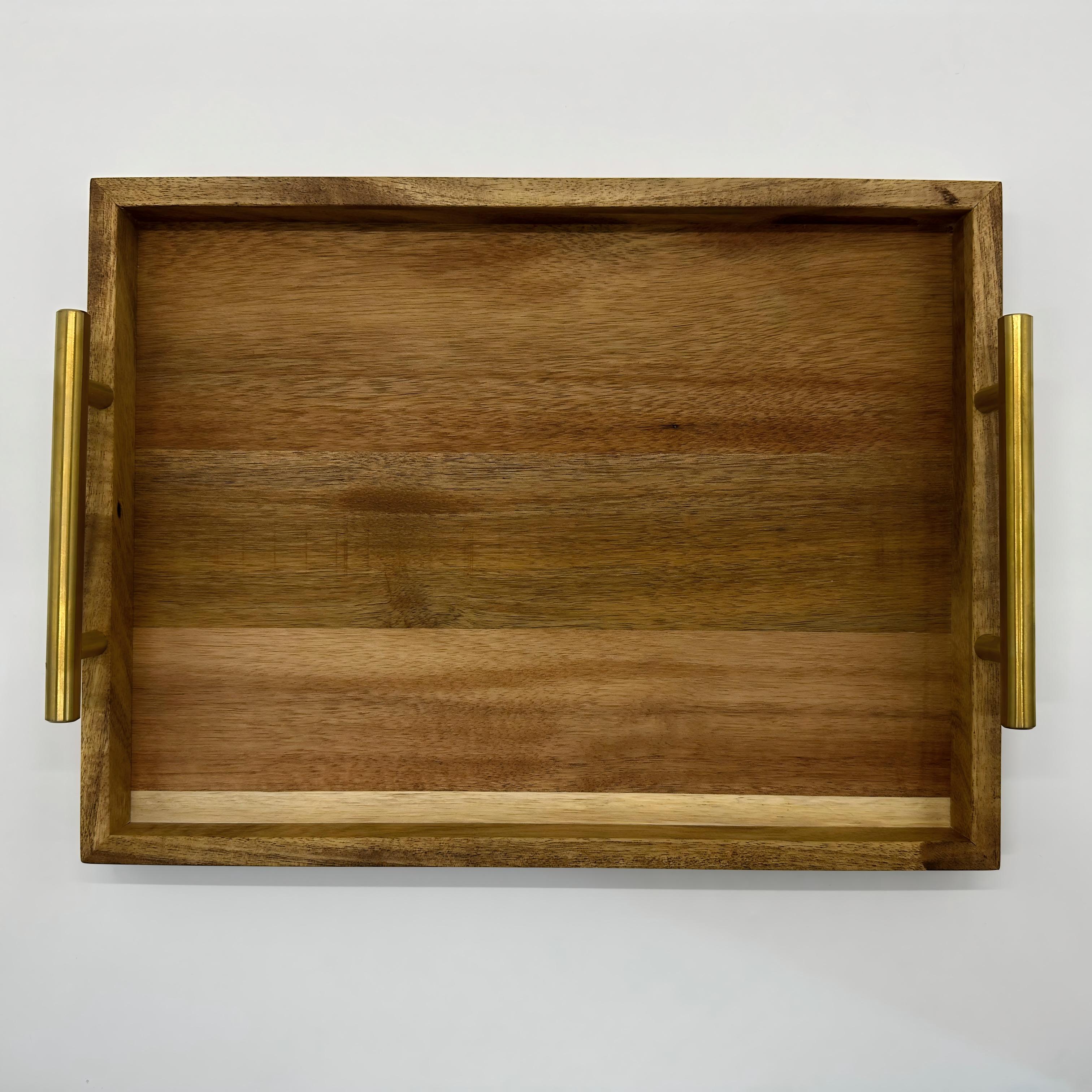 Wooden coffee table tray with brass handles modern serving