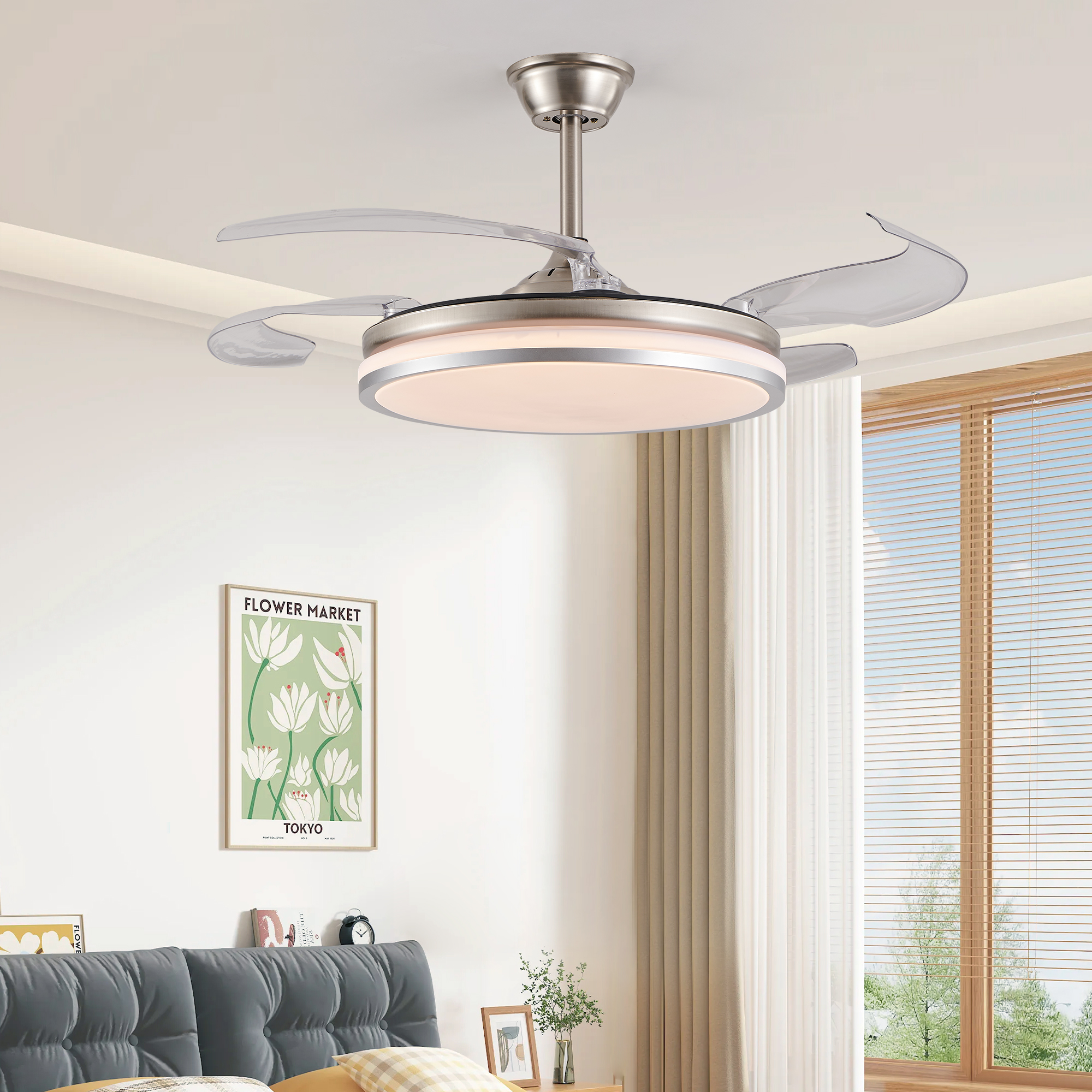 42 Inch 2 Tiers Design Modern LED Ceiling Fan With Light And Remote Control, Retractable Blades, Adjustable 6 Speed, Silent Operation DC Motor For Living Room, Bedroom, Dining Room