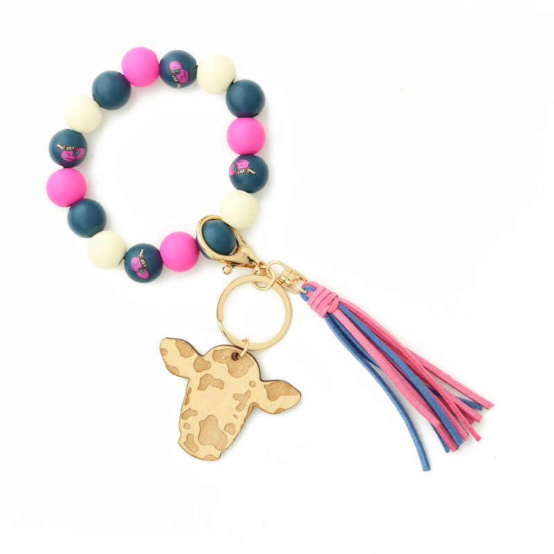 Title 10, Wooden Beads Bracelet Bull Head Keychain