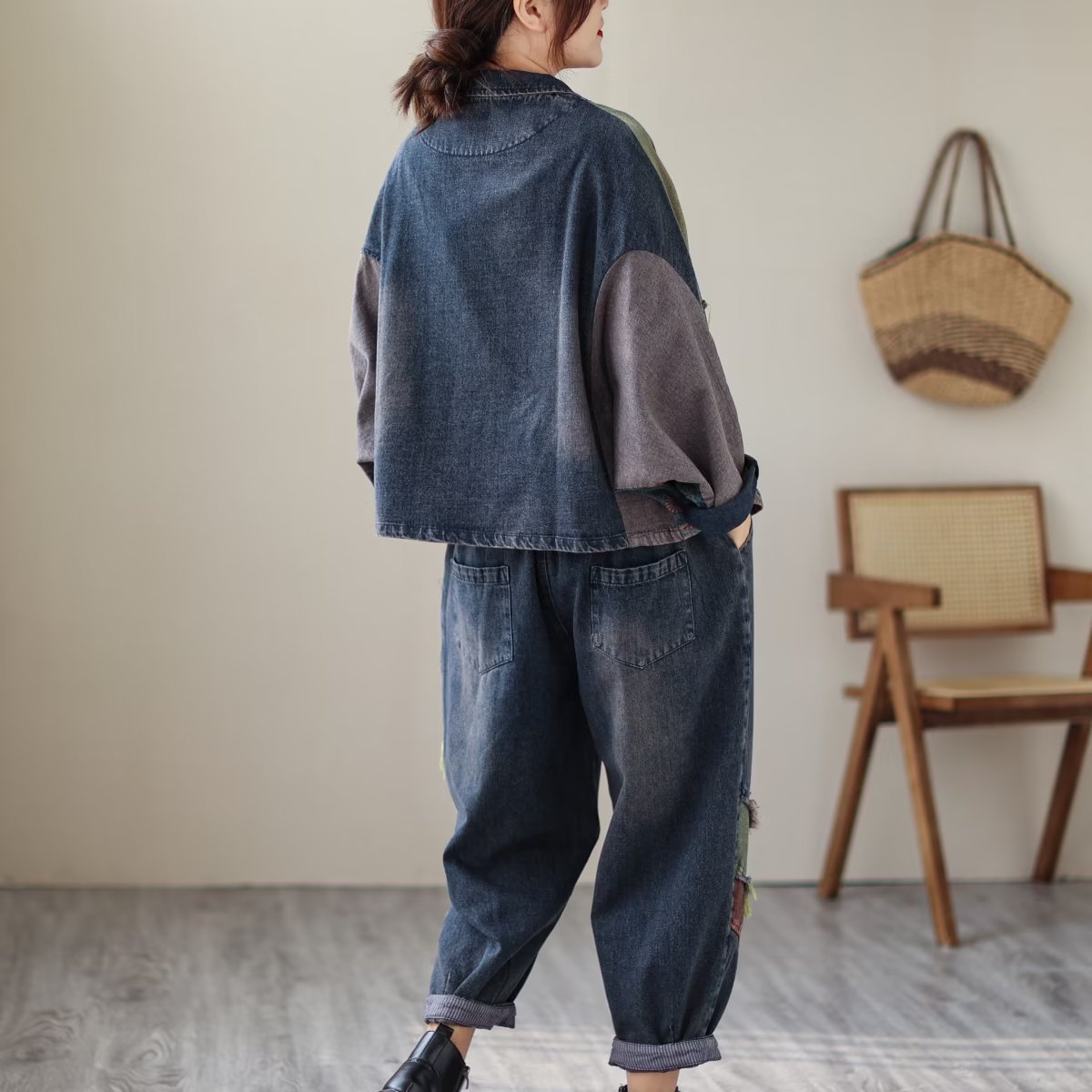 Title 2, Contrast Kleur Denim Pak Dames, Coole Jas met L...