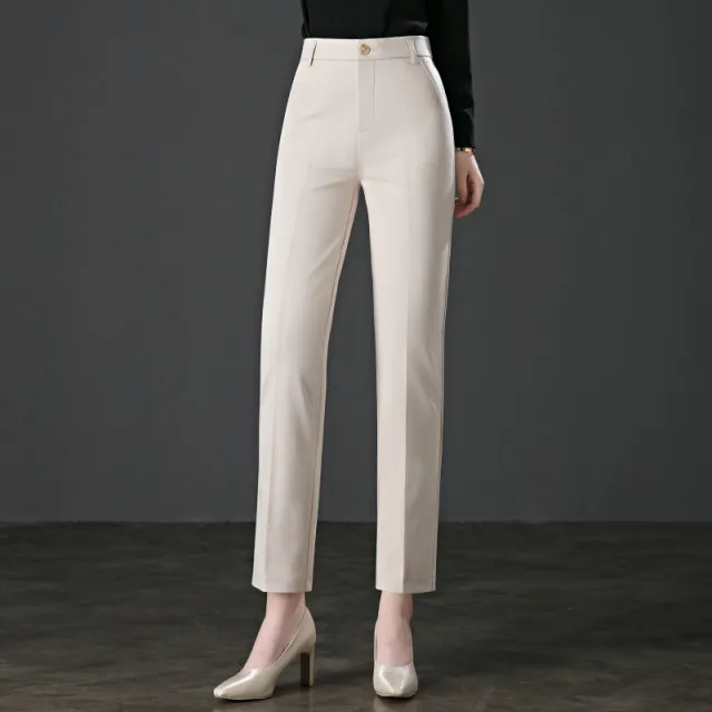 Ladies Autumn New High Waisted Stretch Loose Straight Pants Beige - Shop at LoveMi