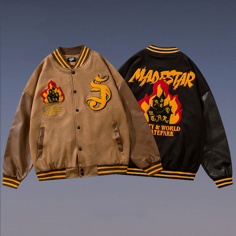 Men's Vintage Flame Embroidered Baseball Jacket