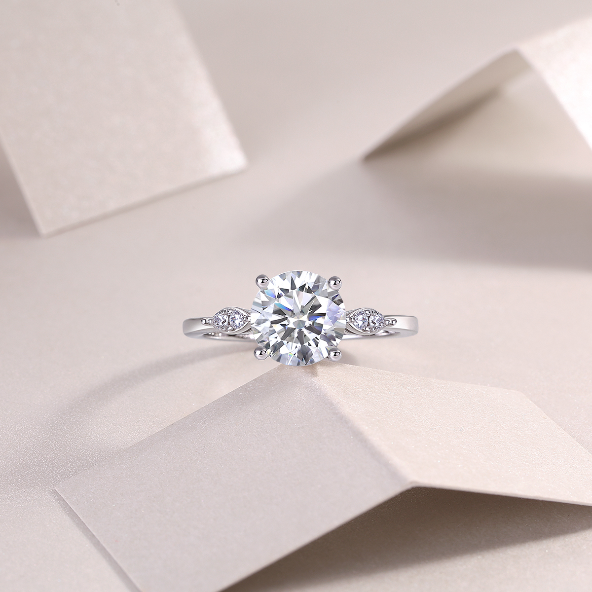 Platinum plated sterling silver ring with 2 carat moissanite gemstone