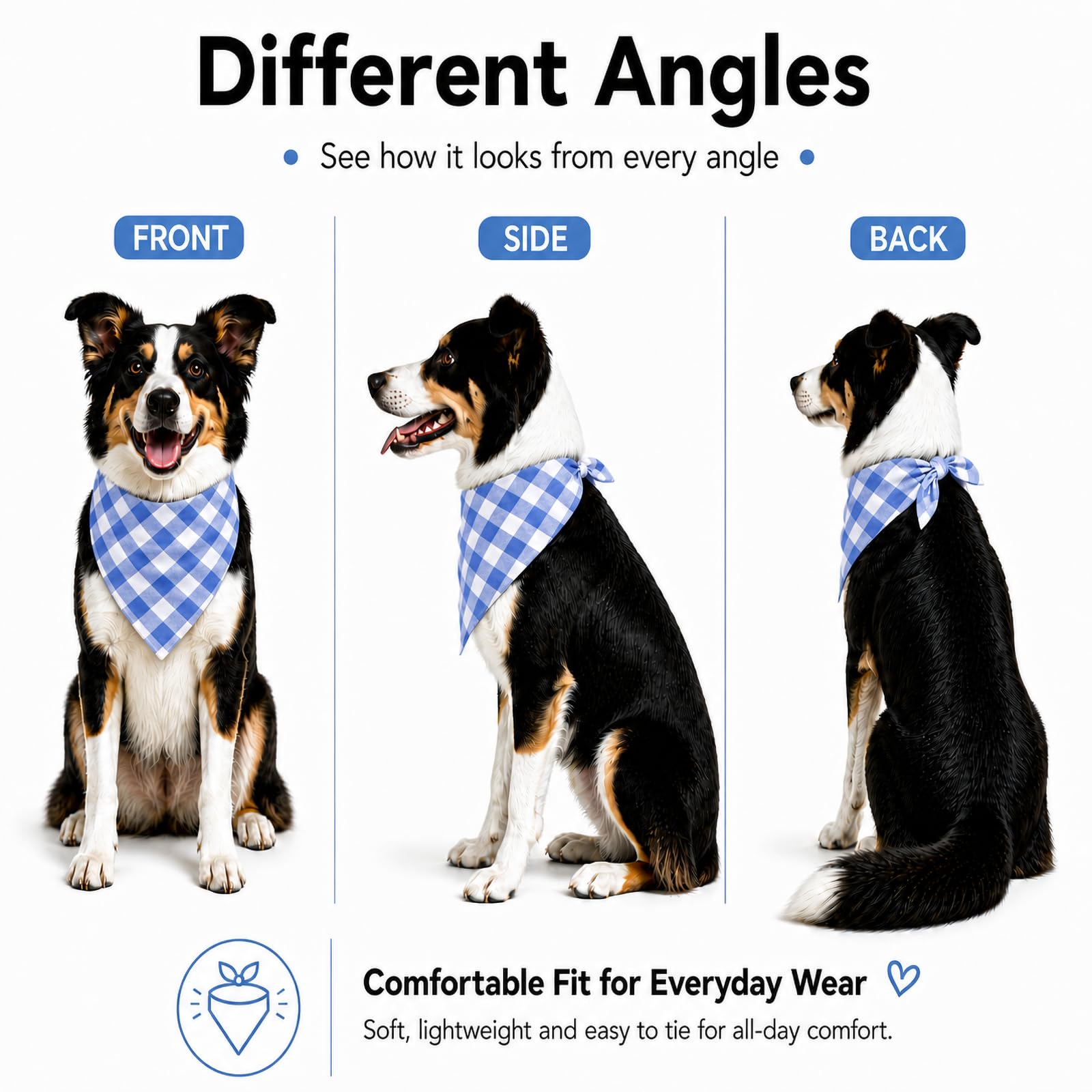 Blue & White Plaid Dog Bandana 1 Pack, Soft Cotton Blend Square Pet Scarf For Medium Dogs, Lightweight Breathable Kerchief, Fits Neck Up To 18 Inches