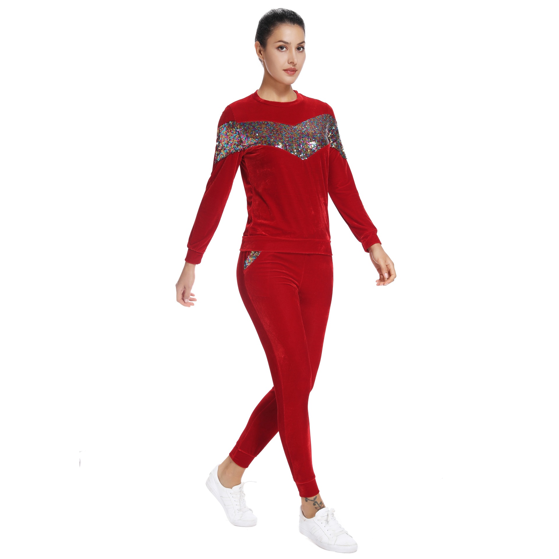 Women's Printed Long Sleeve Round Neck Slim Pants Pants