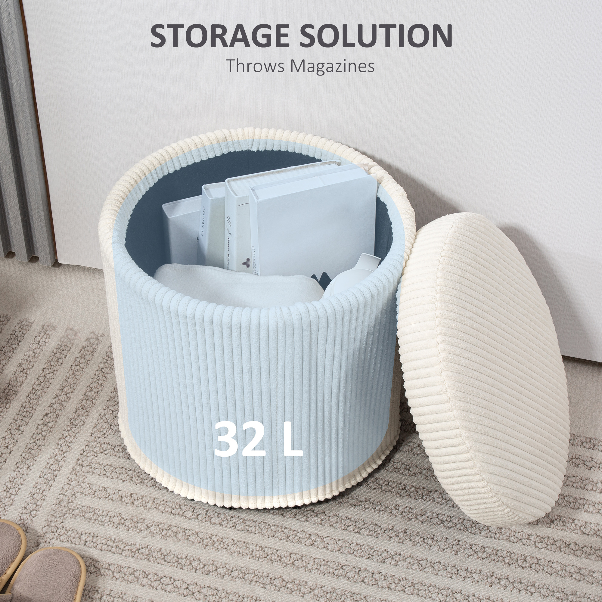 40cm Round Storage Footstool, Made Of Corduroy Material, With Detachable Lid — image 2