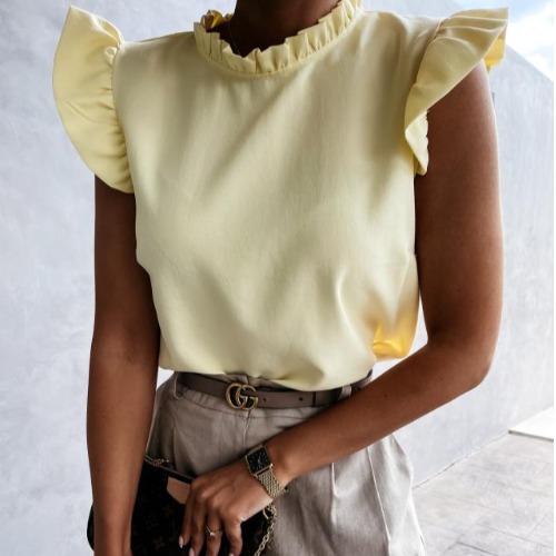 Women's Fashion Simple Solid Color Ruffle Round Neck Blouse