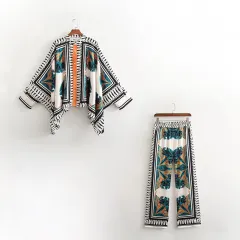 Bat Sleeve Shawl Shirt Positioning Printing Wide Leg Pants Suit - Suit - View 1