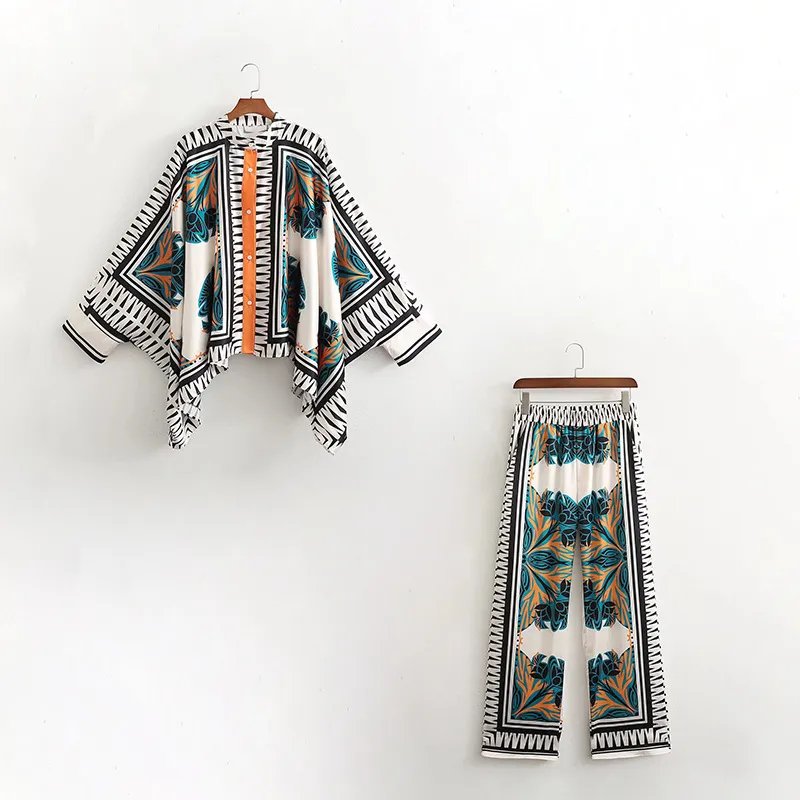 Bat Sleeve Shawl Shirt Positioning Printing Wide Leg Pants Suit - Suit