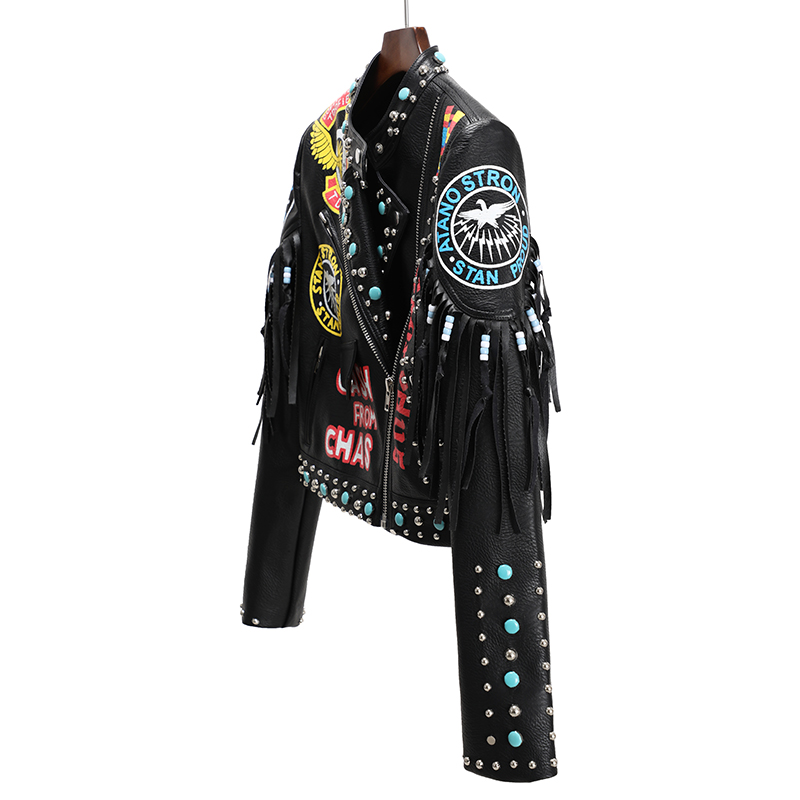 New Fashion Print Contrast Color Rivet Leather Jacket For Women