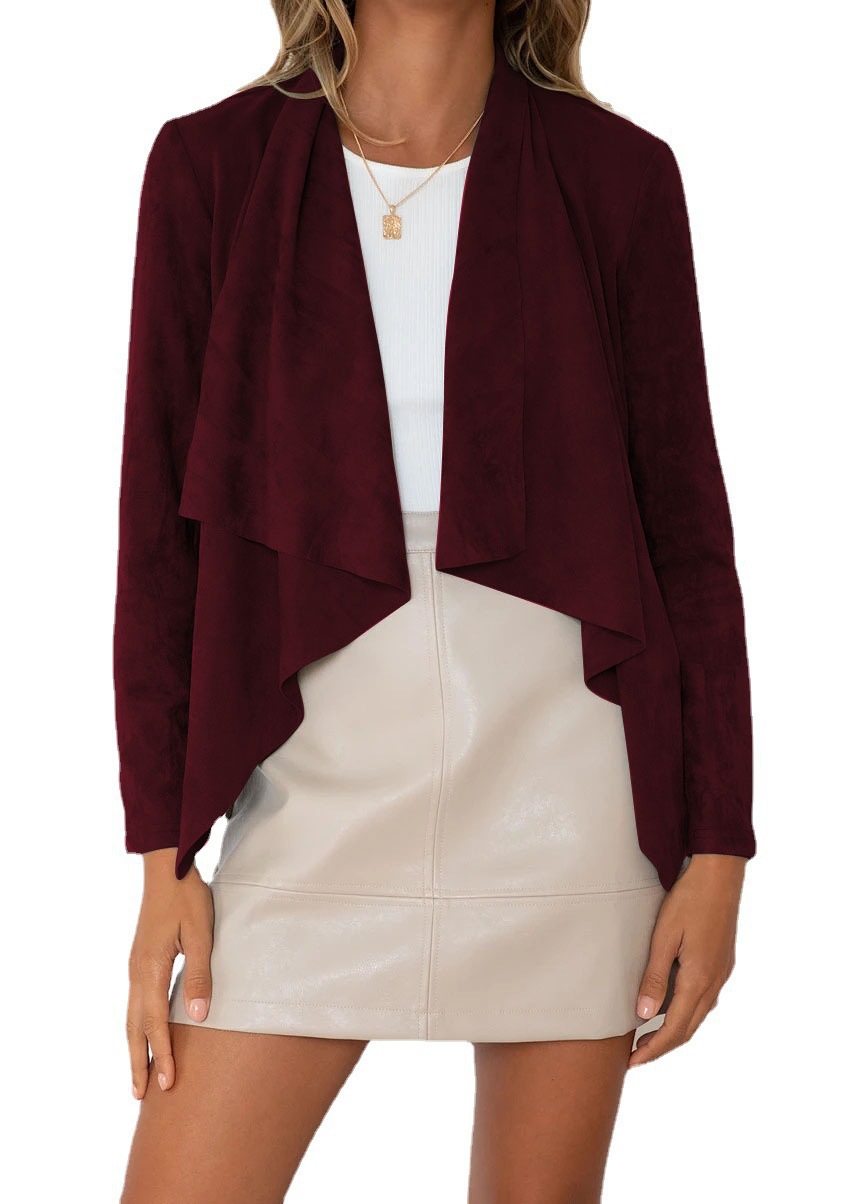 Temperament Lapel Solid Color Faux Deerskin Fleece Casual Small Jacket Wine - Shop at LoveMi