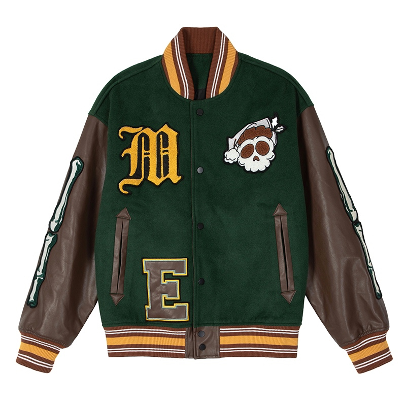 Retro Biker Jacket Skull Print Baseball Uniform