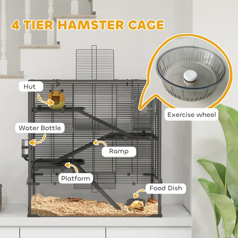 4 Tier Hamster Cage With Deep Tempered Glass Bottom, Running Wheel, Hut, Water Bottle, Food Dish,