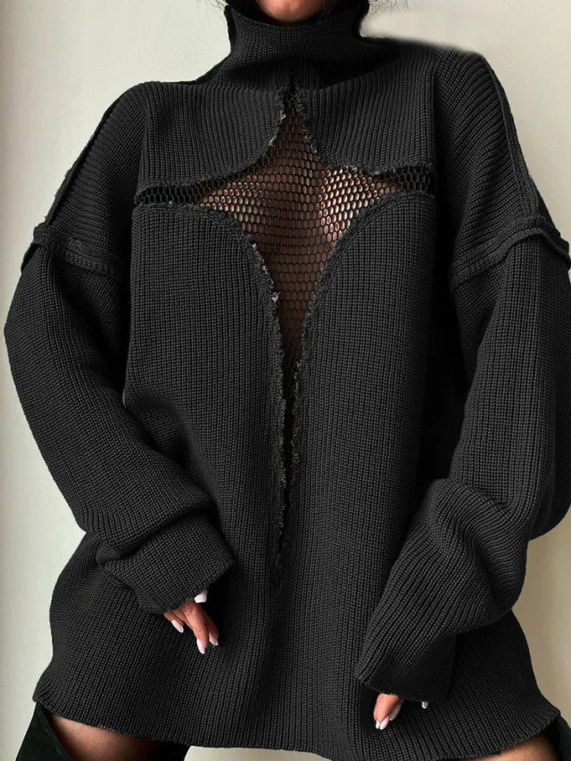 New Mesh Perspective Loose Knitted Hollow Sweater Women Black - Shop at LoveMi