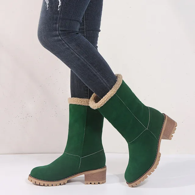 Suede Ankle Boots Adjustable Foldable Mid Calf Boot Winter Flock Square Heels Shoes Fashion Plush Warm Platform Non Slip Shoes Green - Shop at LoveMi