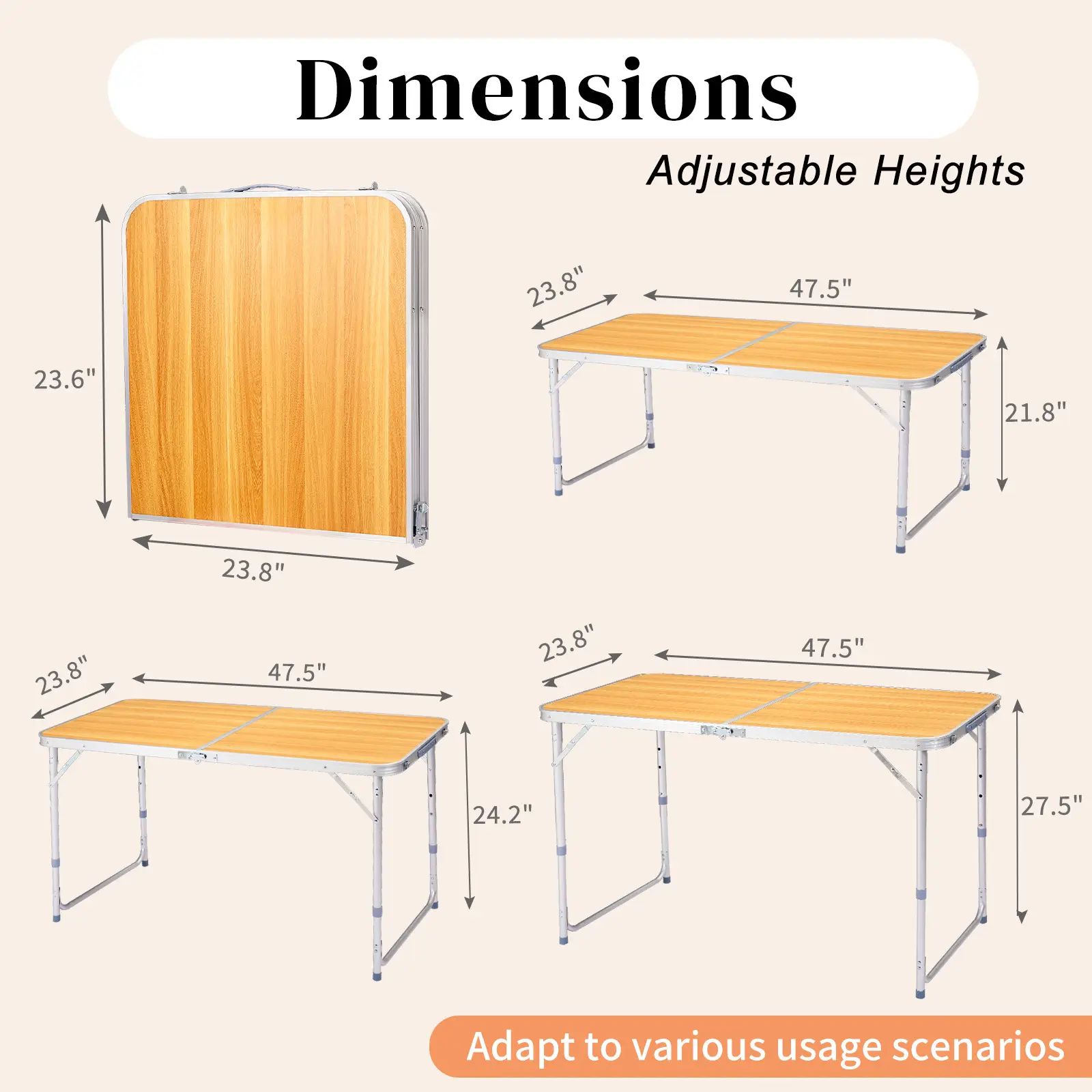 4FT Adjustable Height Folding Table, 120-60cm Portable Aluminum Foldable Camping Table Wood Grain Utility Table For Picnic BBQ Party Indoor Outdoor