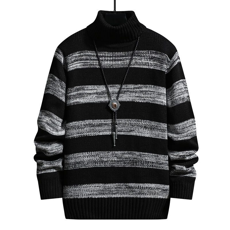 High-neck Men's Autumn And Winter Long-sleeved Trendy Slim Striped Sweater