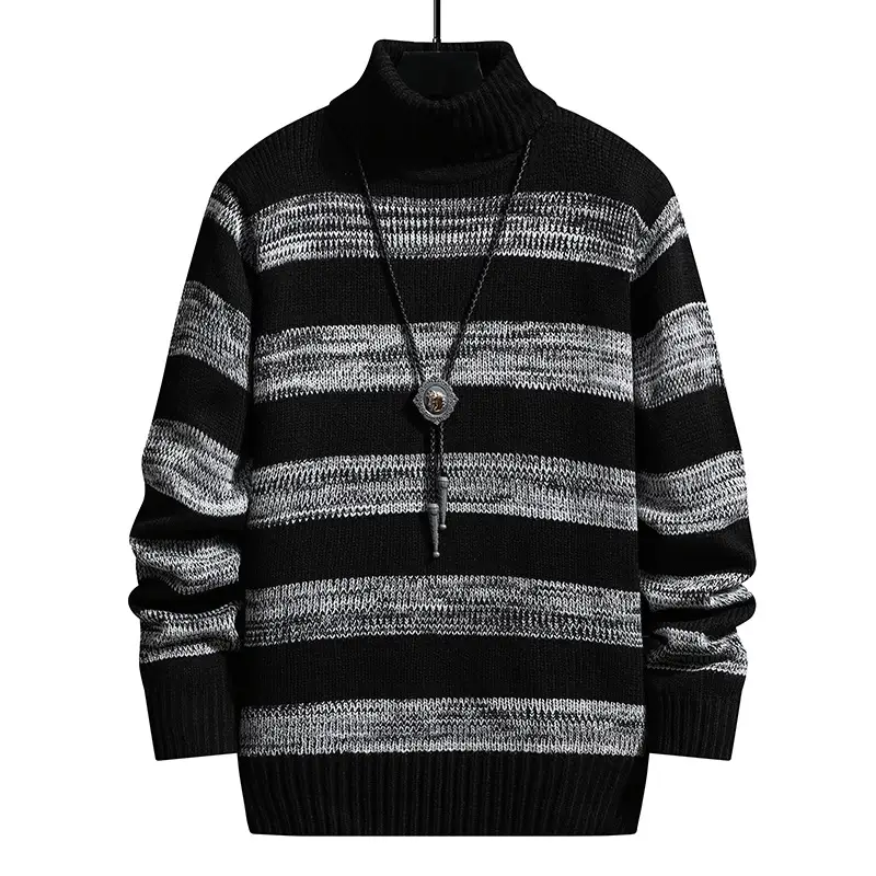 High-neck Men's Autumn And Winter Long-sleeved Trendy Slim Striped Sweater