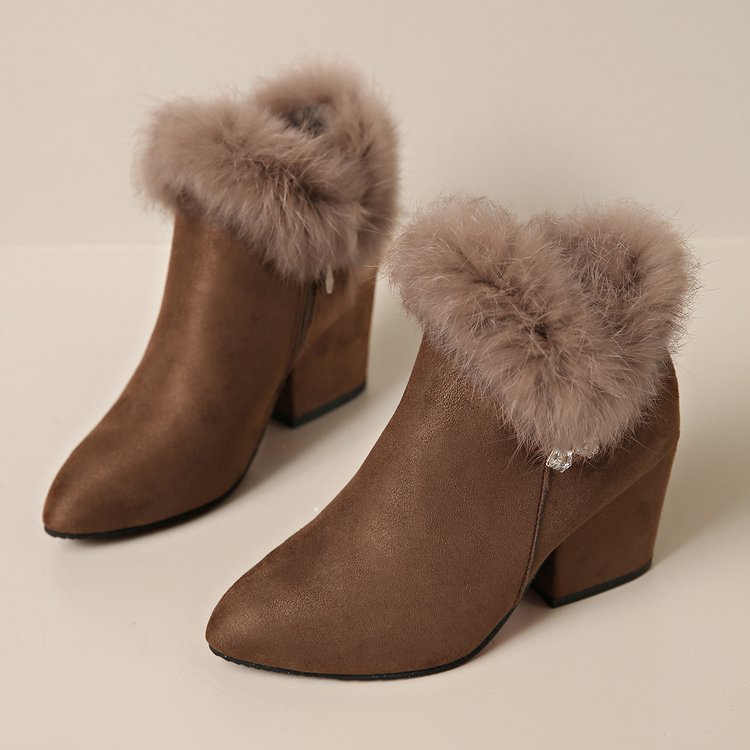 Women's Suede Martin Boots, 2024 New Winter Plus Size Pointed Toe Rhinestone Cotton Boots, Furry Trim Block Heel Simple Ankle Boots