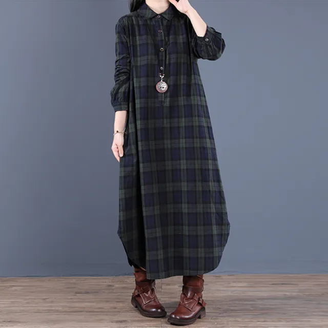 Cotton Lapel Long Sleeve Dress For Women's Middle School Green - Shop at LoveMi