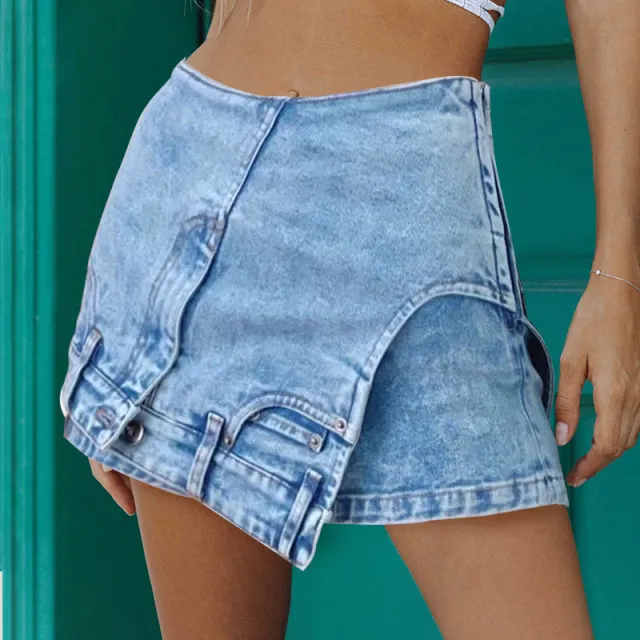Short Irregular Solid Color Women's Denim High Street Skirt Pants Blue - Shop at LoveMi