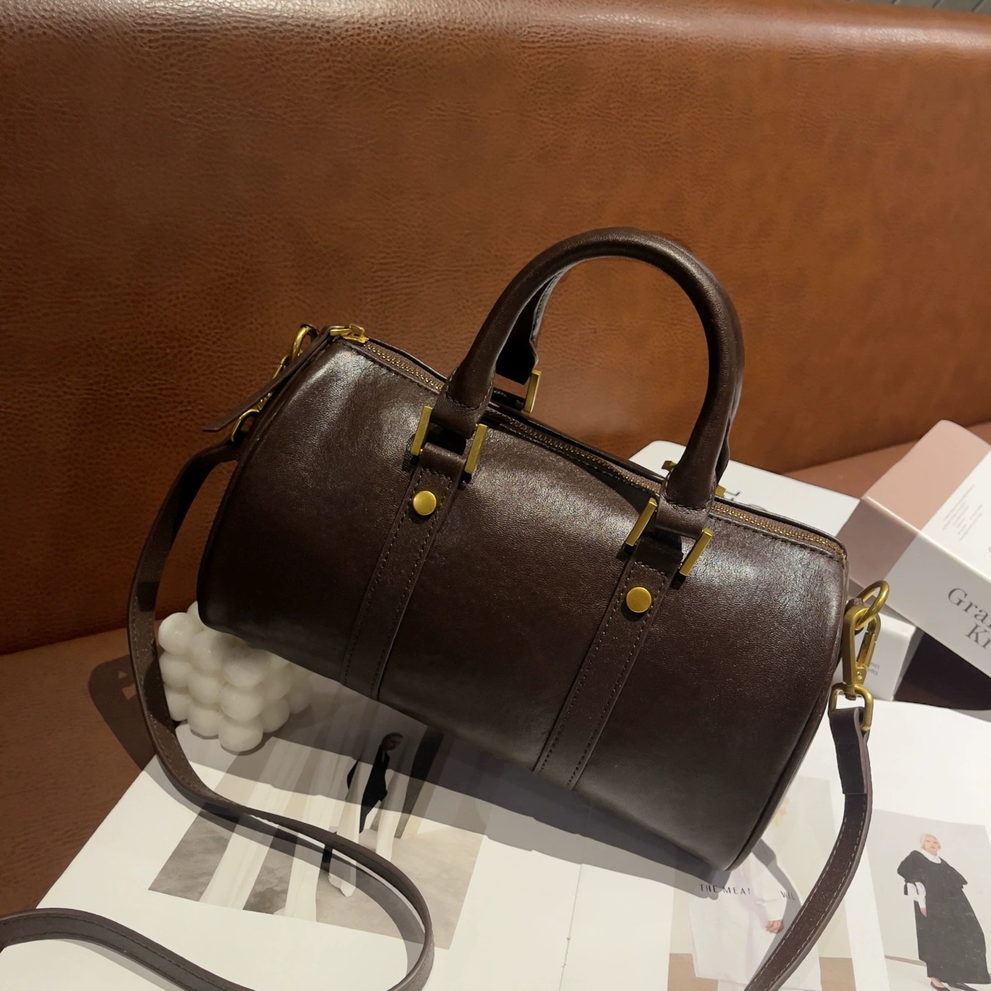 Genuine Leather Melard Vintage Handbag, Cross-Border Women's Bag, Light Luxury Chic Boston Top-Layer Cowhide Shoulder Bag 8