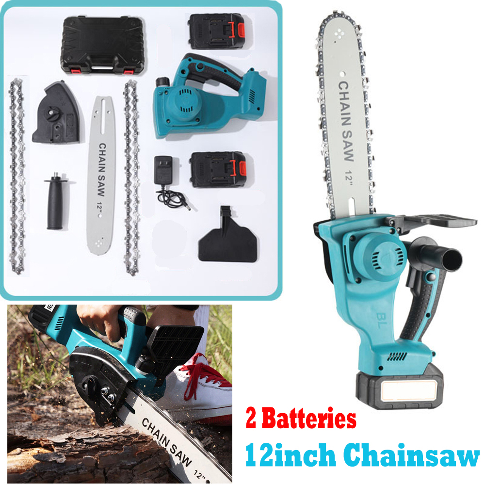 12in Chainsaw Cordless Electric Pruning Shears One-Handed Portable With 2Battery 1Charger Gloves 2Chains 1 Carry Box For Branch Wood Cutting Garden Tree Logging Trimming