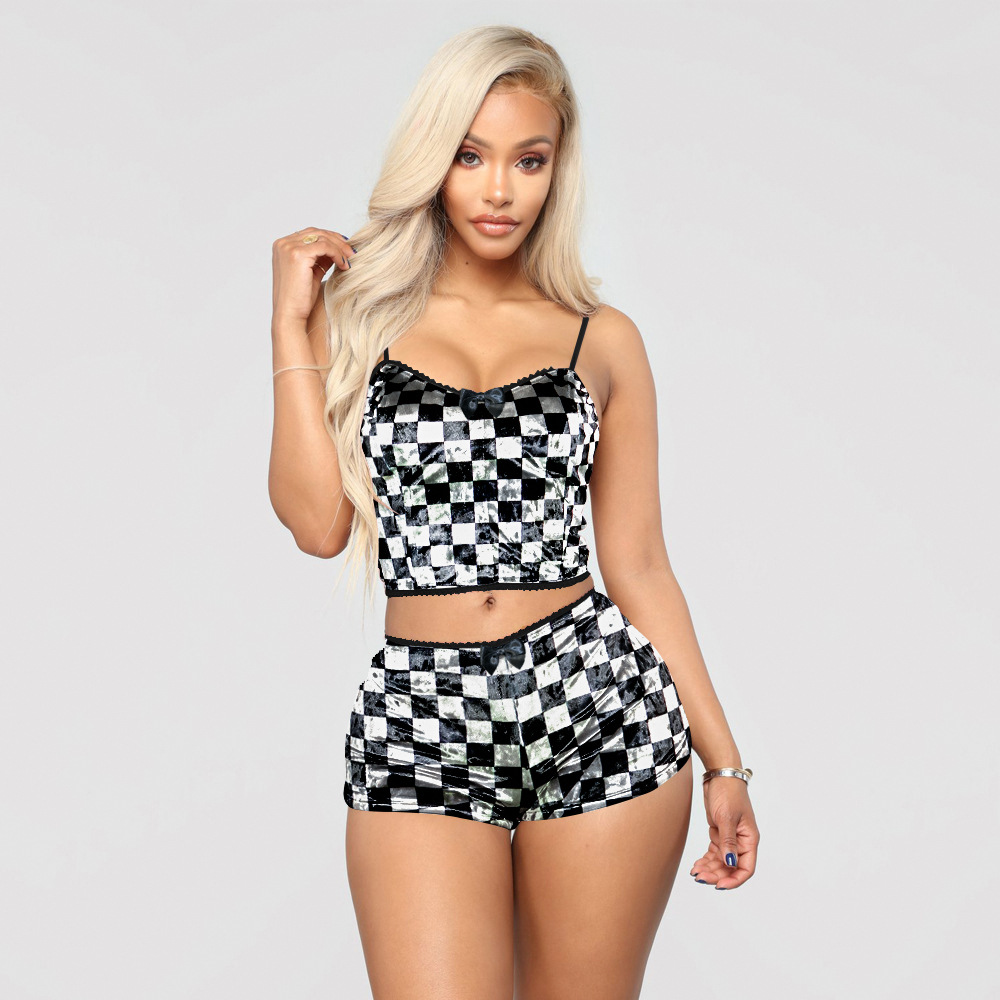 Women's Fashion Hollowed-out Printed Slim Velvet Two-piece Set