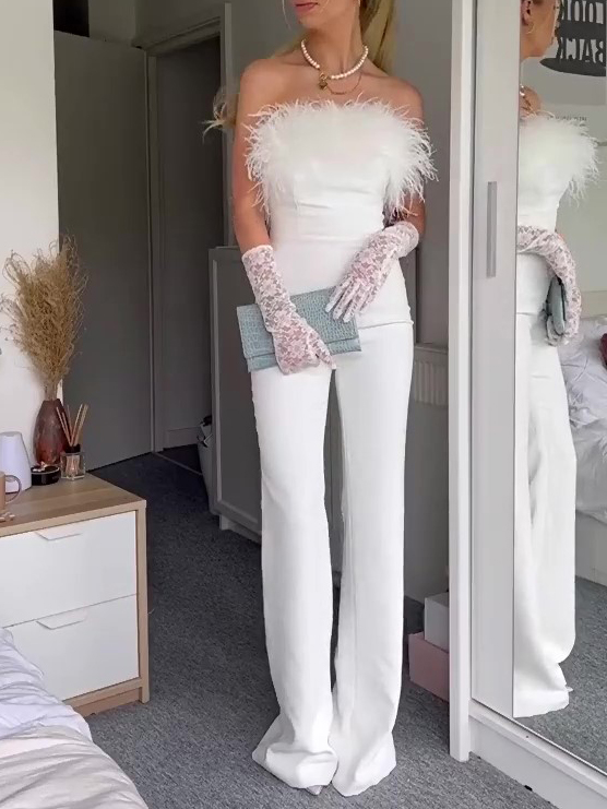 Elegant White Off Shoulder Jumpsuit With Feather Accents White - Shop at LoveMi