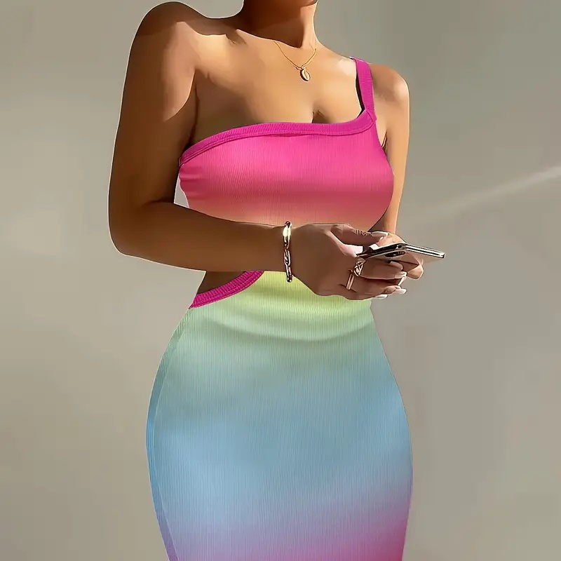 Spring Summer One-shoulder Hollow Rib Knit Dress