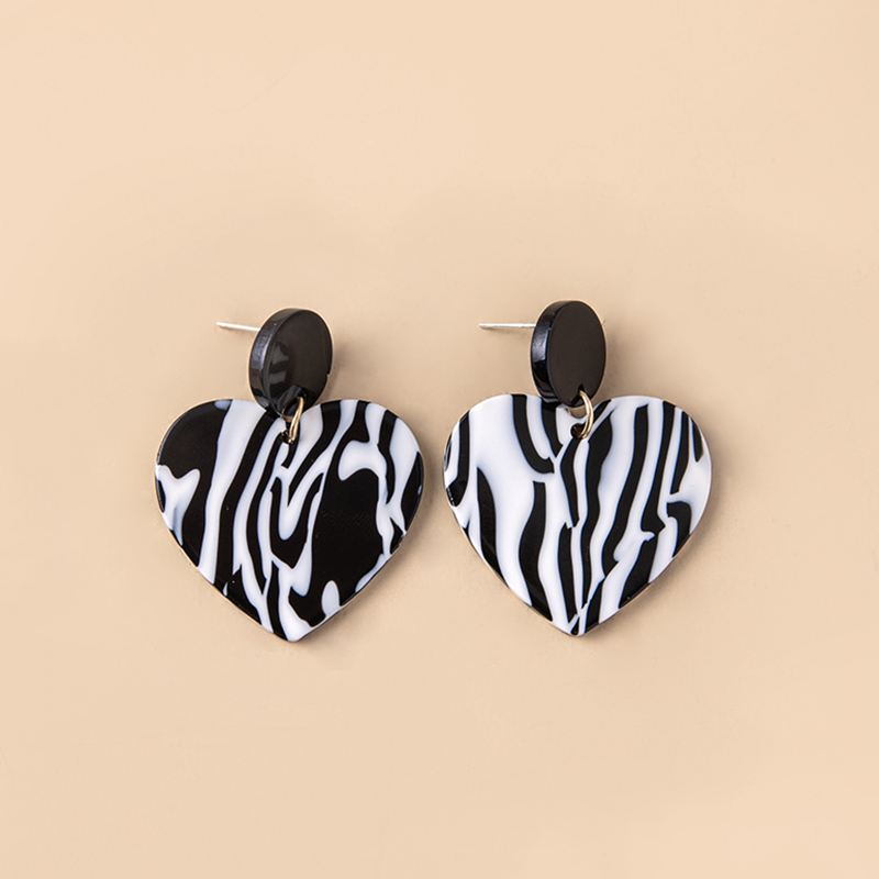 Black White Zebra Print Heart Acrylic Earrings For Women