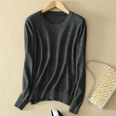 Cashmere Jumper Slim Fit Plus Size Solid Colour Round Neck Dark Grey - Shop at LoveMi