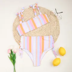 Ladies High Waist Split Striped Swimsuit - Pink - View 1