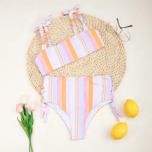 Ladies High Waist Split Striped Swimsuit Pink - Shop at LoveMi