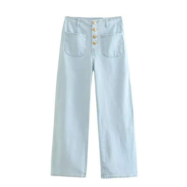 European Style High waisted Baggy Wide leg Capri Jeans Light Blue - Shop at LoveMi