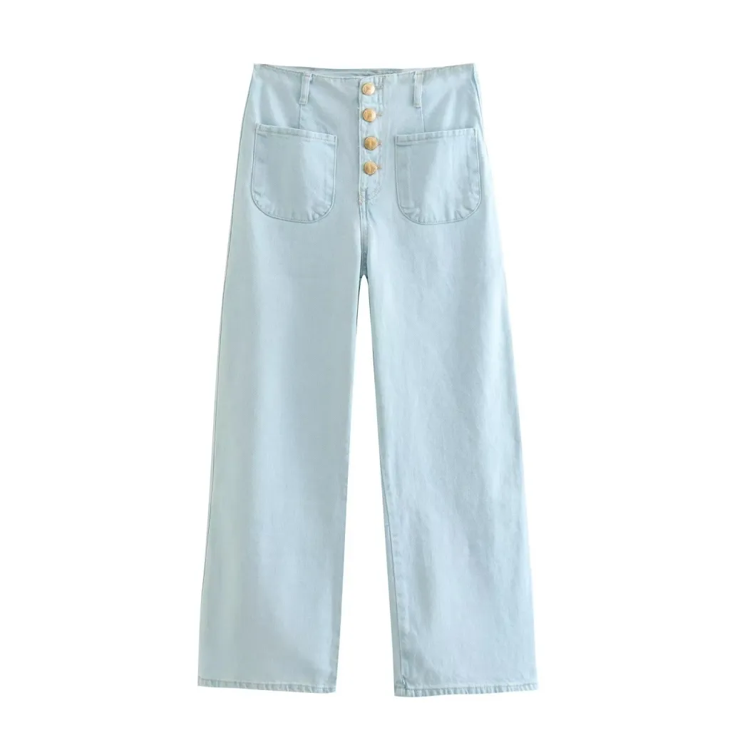 European Style High-waisted Baggy Wide-leg Capri Jeans - Light Blue