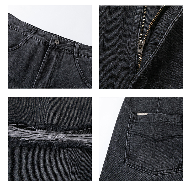 Fringed Ripped Straight Wide Leg Jeans