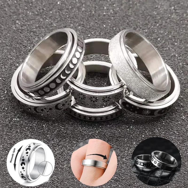 Stainless Steel Rotatable Spinner Ring Moon Stars Relieve Anxiety