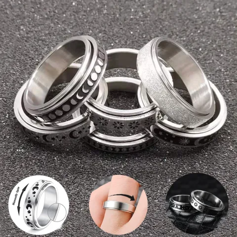 Stainless Steel Rotatable Spinner Ring Moon Stars Relieve Anxiety
