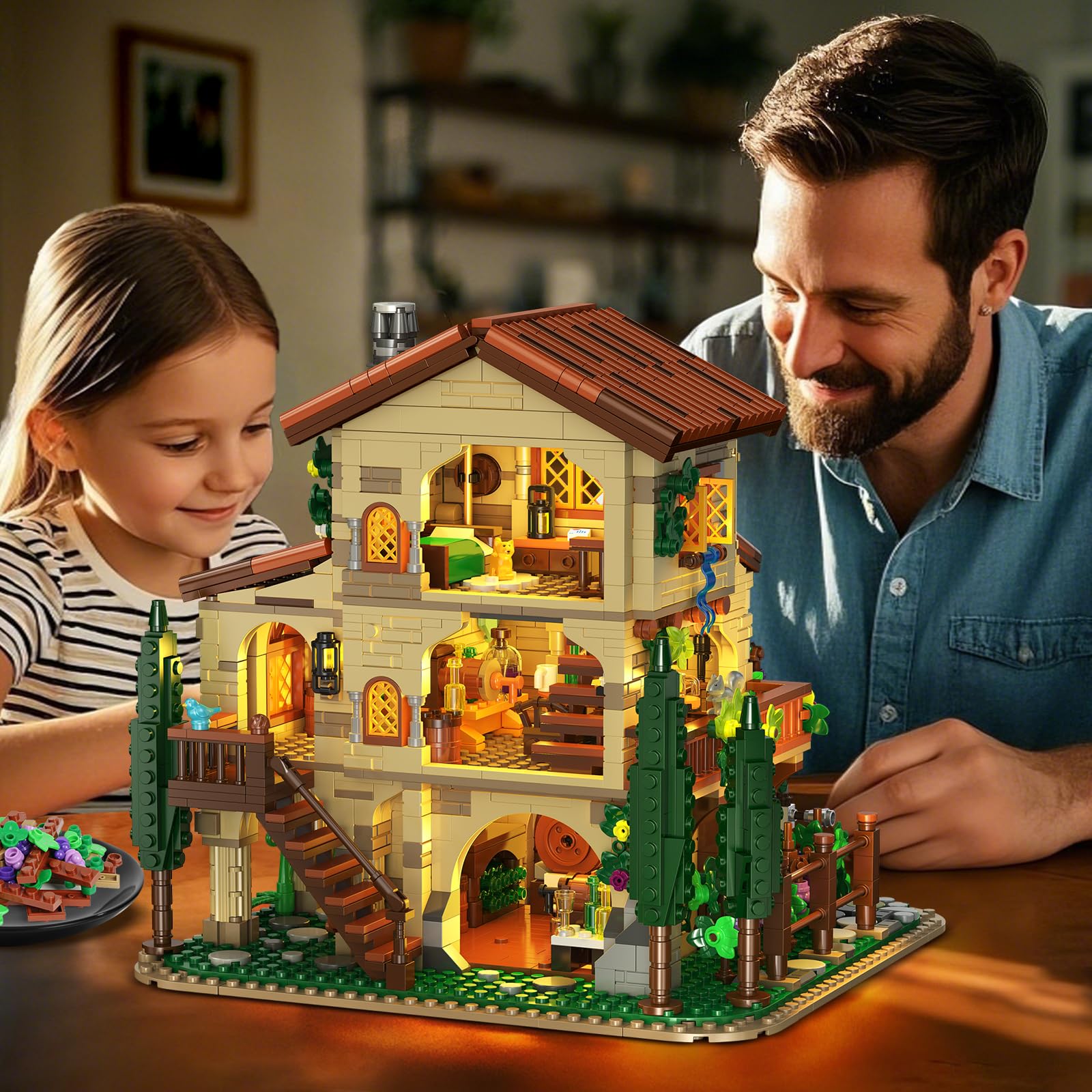 Winery Chateau House Building Set With Lights, Vineyard Castle Construction Model Home Decor, Vine Estate Autumn Cabin Building Block Kit, Birthday Gift For Adults Teens Boys Girls