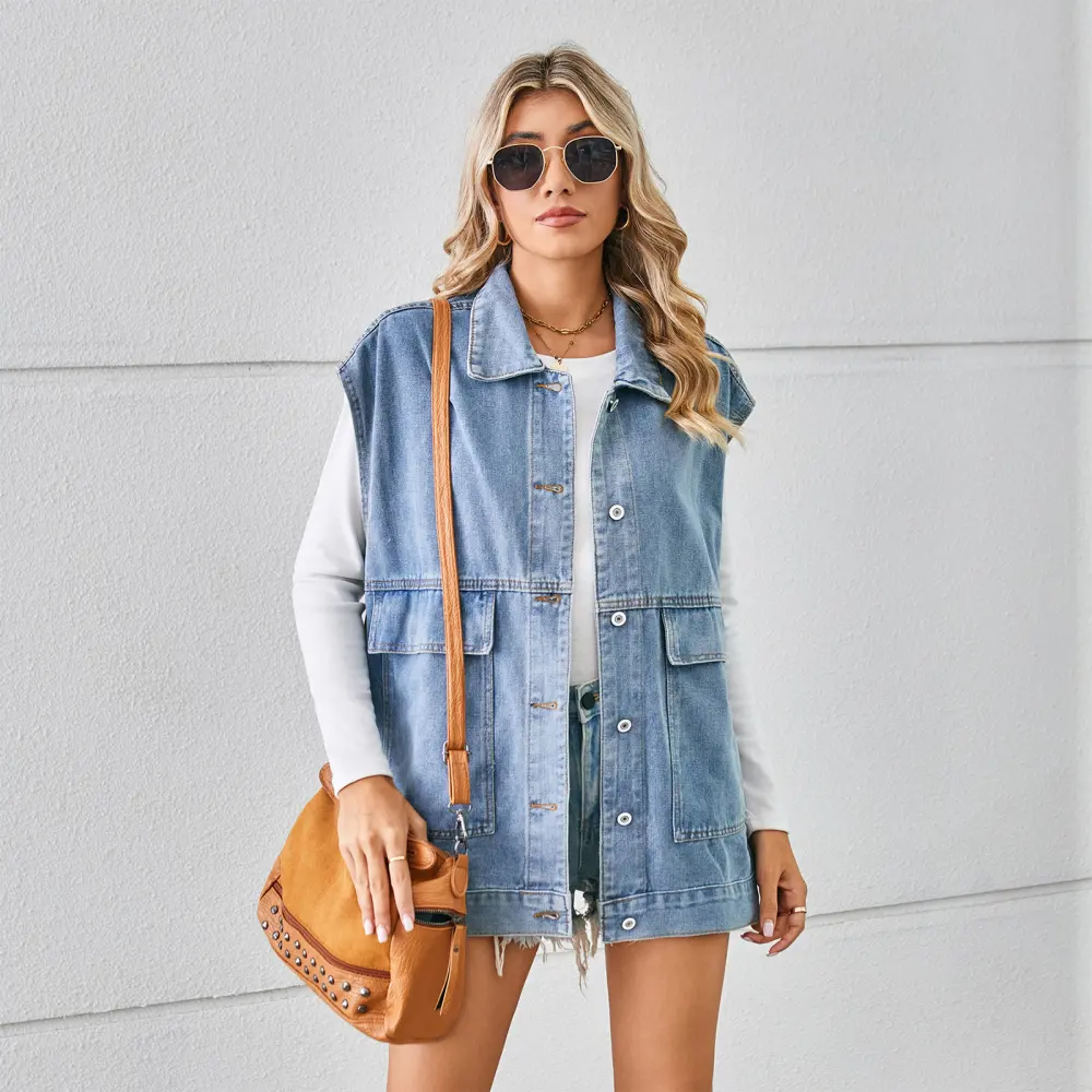 Denim Vest with Big Pockets Fashion Sleeveless Outwear