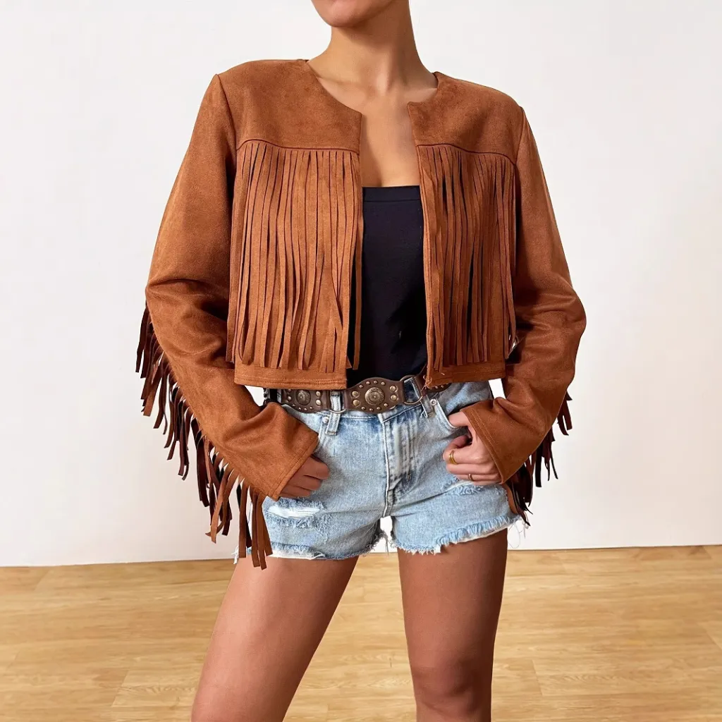 Women's Vacation Casual Retro Tassel Short Jacket - Brown