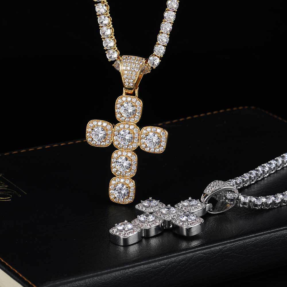 New Hip Hop Ear Accessories Rock Sugar Zircon Cross Pendant Vintage Personalized Hip Hop Necklace Hiphop