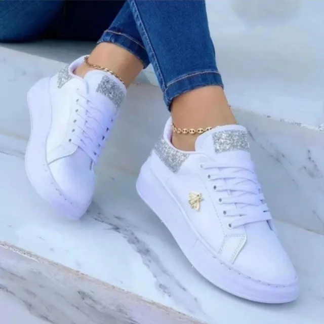 Platform Sneakers Lace up White Low top Casual Shoes Silver - Shop at LoveMi