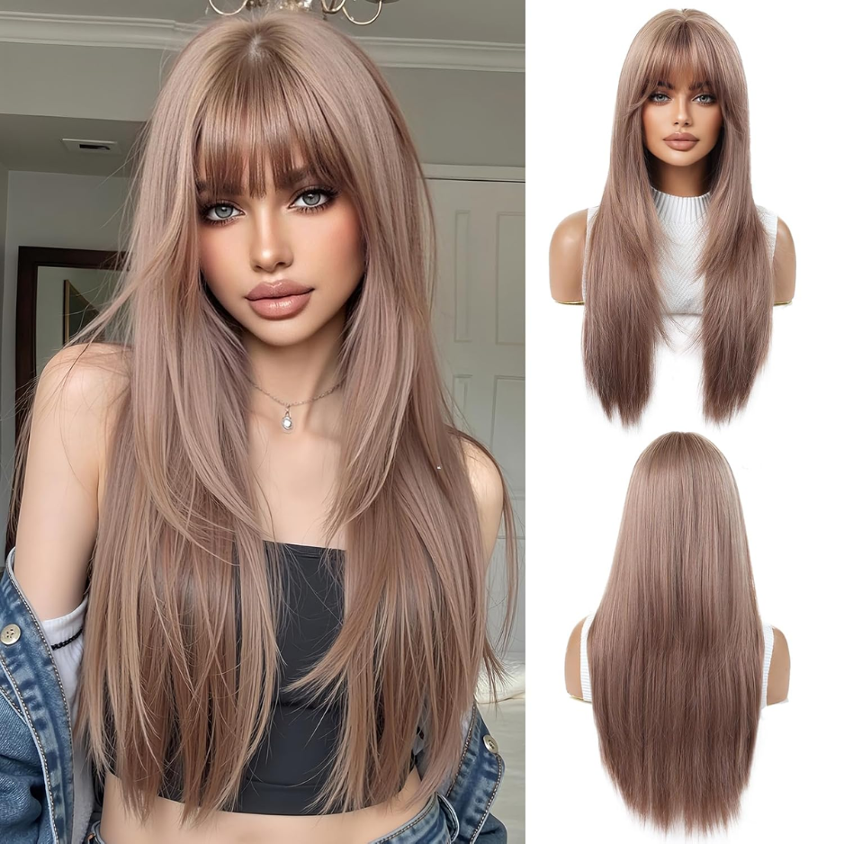 Blonde Wigs For Women With Bangs Long Natural Straight Synthetic Hair Heat Resistant Wigs For Daily Party Cosplay Wear