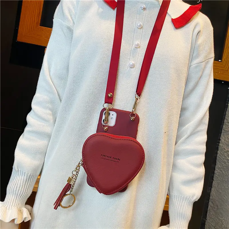 Wine Red Heart Shaped Coin Purse Phone Case