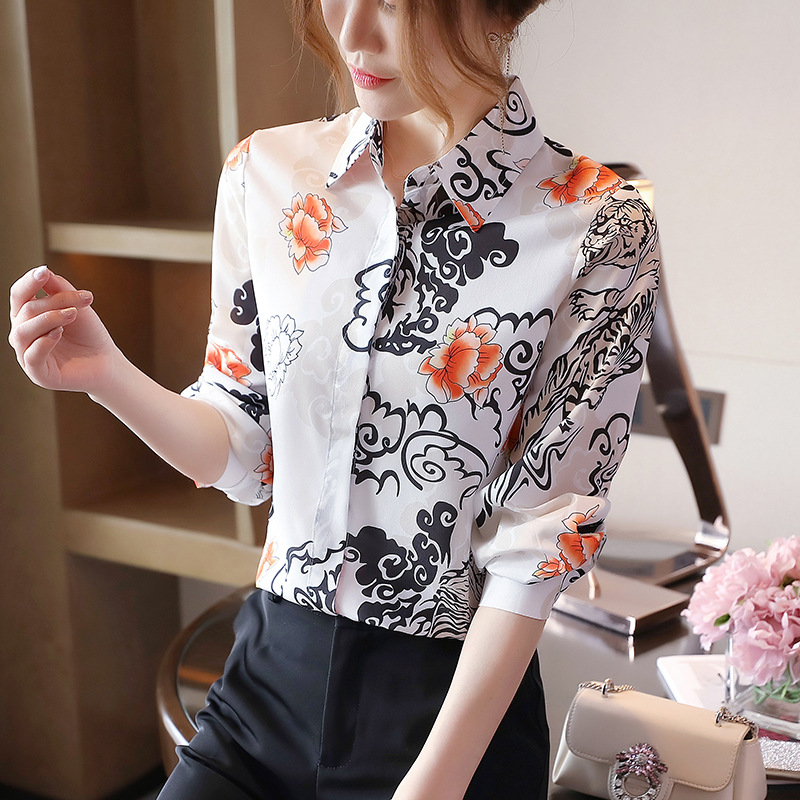 Retro Printed Silk Long-sleeved Slim Fashion Western Style Blouse Women
